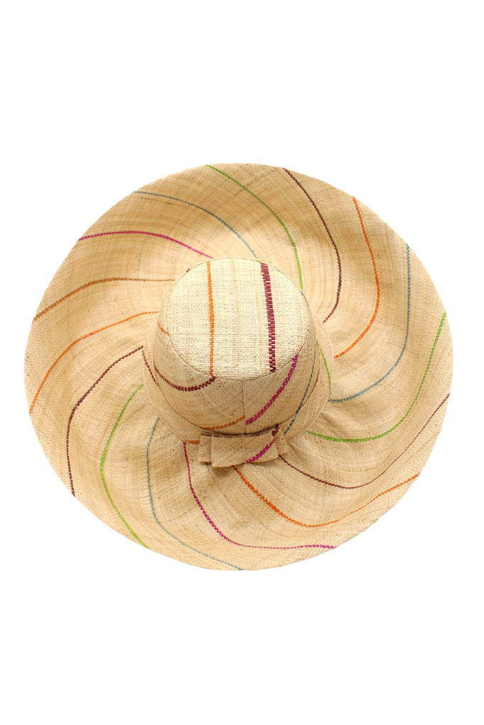 5 inch or 7 inch wide brim natural and multicolor pinstripes packable raffia straw hat handmade loomed raffia in wide bands of natural straw color with narrow bands of lime green, bordeaux red, fuchsia pink, orange, cinnaon/tobacco/brown, blush orange/pink, etc. create a stripe swirl pattern - Shebobo