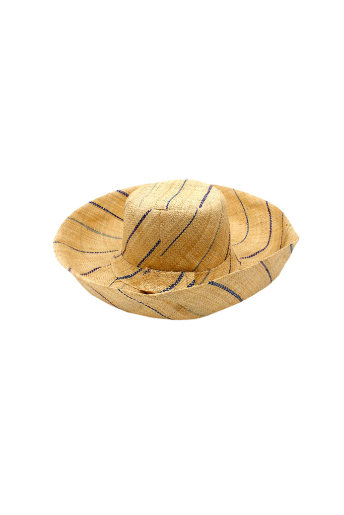 5 inch or 7 inch wide brim natural and multicolor pinstripes packable raffia straw hat handmade loomed raffia in wide bands of natural straw color with narrow bands of dusk navy/dark/blue, turquoise blue/green, denim retro/light/blue, etc. create a stripe swirl pattern - Shebobo