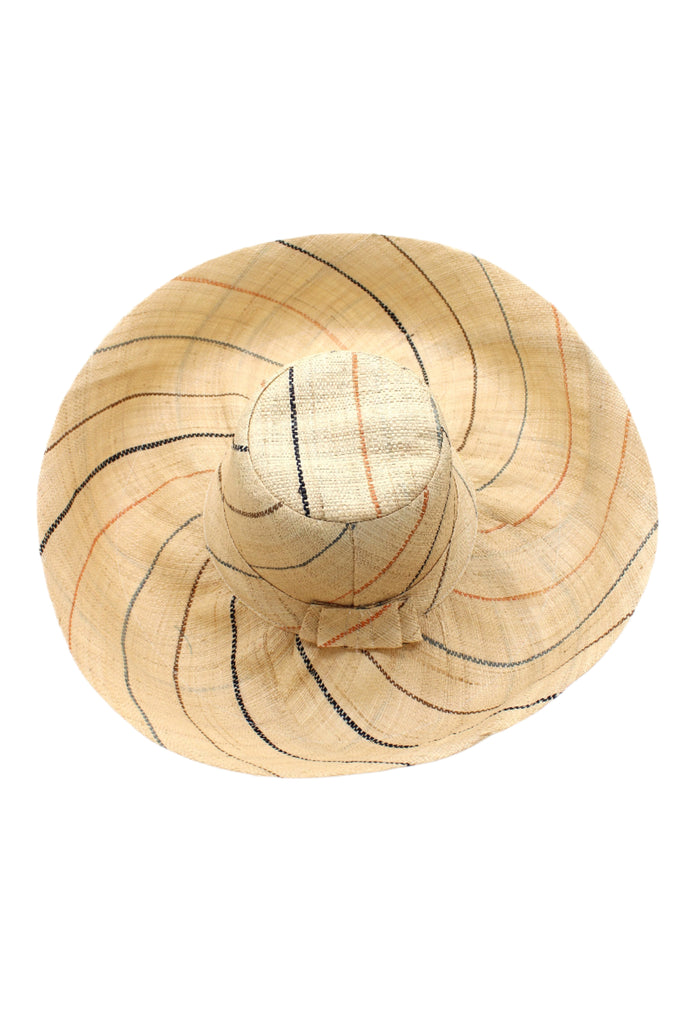 5 inch or 7 inch wide brim natural and Neutrals multicolor pinstripes packable raffia straw hat handmade loomed raffia in wide bands of natural straw color with narrow bands of blush orange/pink, cinnamon/tobacco/brown, black, and grey create a stripe swirl pattern - Shebobo