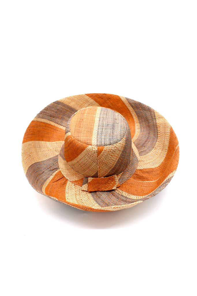 5" & 7" Wide Brim Cinnamon Swirl Multicolor Stripe Pattern Packable Straw Sun Hat handmade loomed raffia in multi width bands of cinnamon/tobacco/brown, grey, and natural straw color create a striped swirl pattern - Shebobo