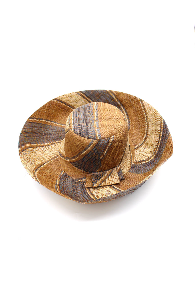 5" & 7" Wide Brim Cinnamon Swirl Multicolor Stripe Pattern Packable Straw Sun Hat handmade loomed raffia in multi width bands of cinnamon/tobacco/brown, grey, and natural straw color create a striped swirl pattern - Shebobo