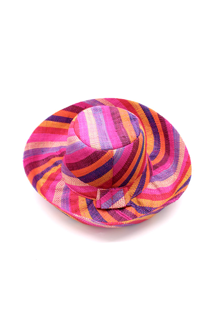 5" & 7" Wide Fiesta Stripe Multicolor Stripes Packable Straw Sun Hat Handmade loomed raffia multi width bands of fuchsia pink, bordeaux red, saffron yellow, coral orange, natural straw color, purple, blue, etc. create a swirl pattern - Shebobo