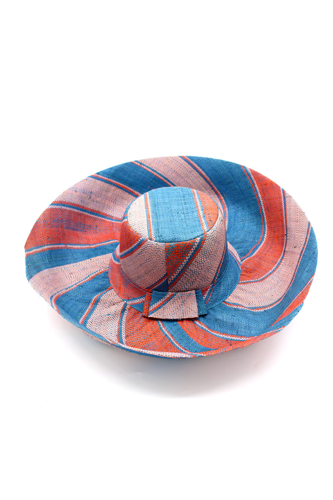 5" & 7" Wide Brim Peach & Turquoise Swirl Packable Straw Sun Hat handmade loomed raffia in multi width stripes of turquoise blue, peach, and blush orange/pink create a swirl pattern - Shebobo