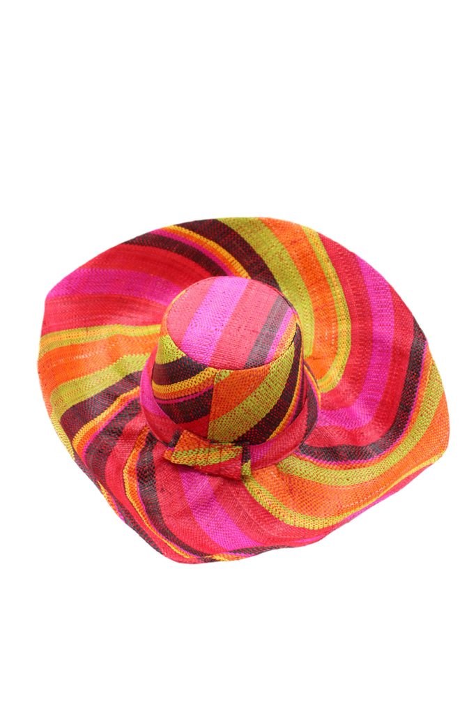 5" & 7" Wide Brim Watermelon Swirl Multicolor Stripes Packable Straw Sun Hat Handmade loomed raffia in multi width bands of fuchsia pink, coral red/orange, red, yellow, black, lime green, etc. create a swirl pattern - Shebobo