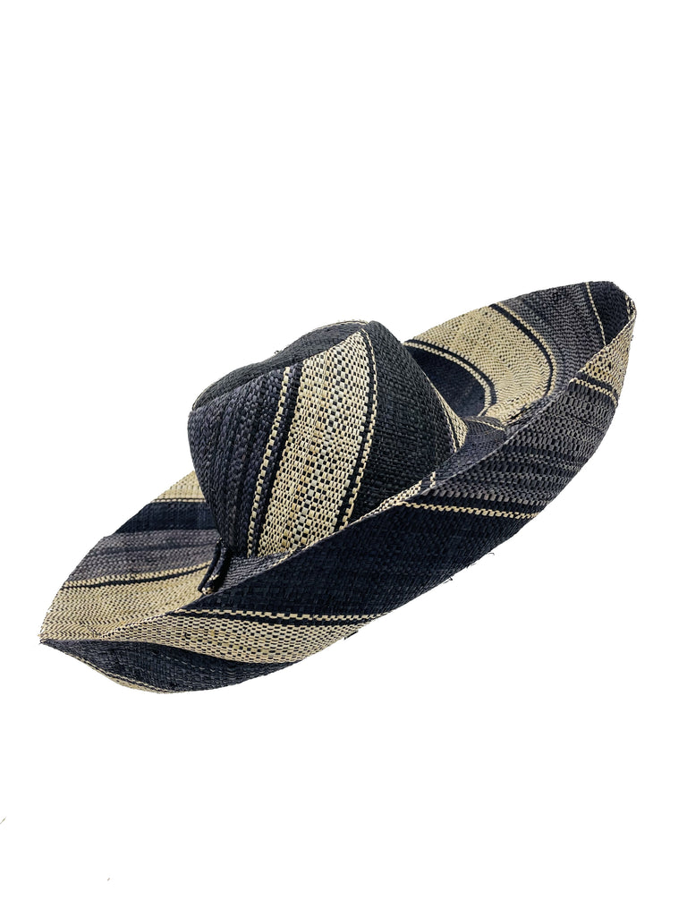 5" & 7" Wide Brim Black Swirl Multicolor Stripe Pattern Packable Straw Sun Hat handmade loomed raffia in multi width bands of black, grey, and natural straw color create a striped swirl pattern - Shebobo