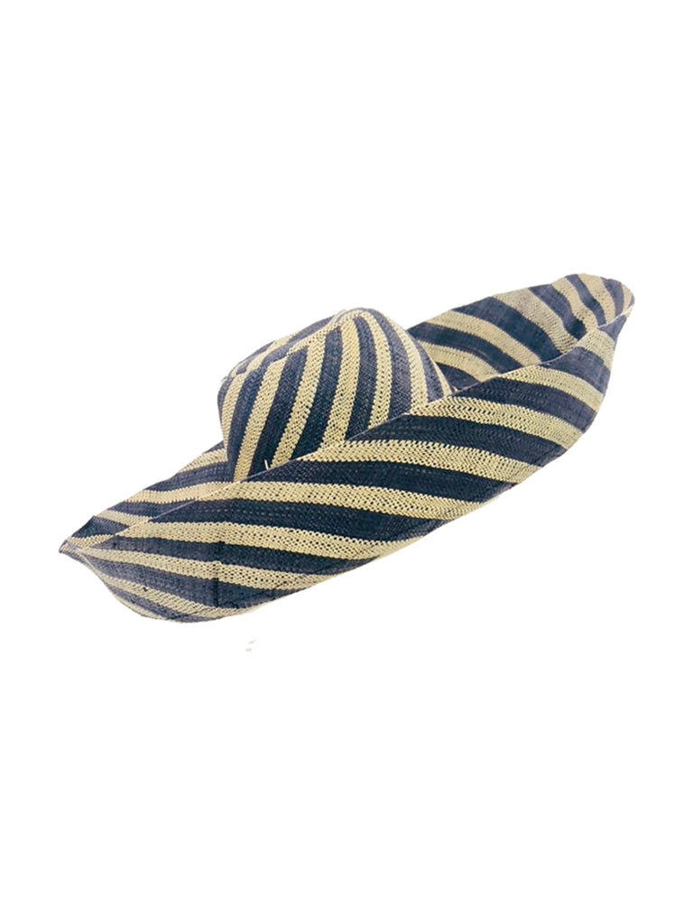 5" & 7" Wide Brim Black and Natural Stripe Multicolor Stripe Pattern Packable Straw Sun Hat handmade loomed raffia in bands of black and natural straw color create a striped swirl pattern - Shebobo