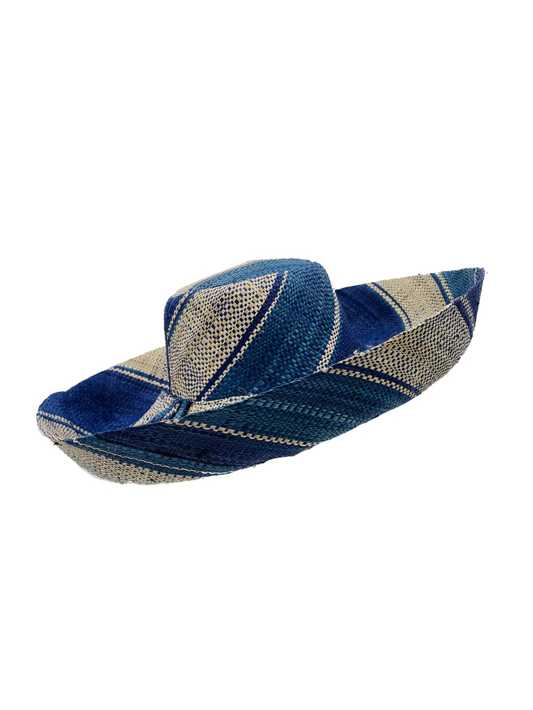 5" & 7" Wide Brim Blue Swirl Multicolor Stripe Pattern Packable Straw Sun Hat handmade loomed raffia in multi width bands of navy blue, turquoise blue, and natural straw color create a striped swirl pattern - Shebobo