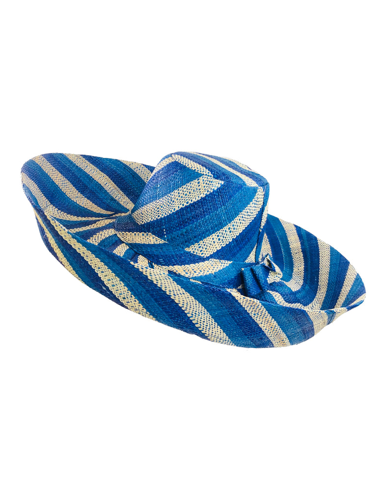 5" & 7" Wide Brim Blue Wind Multicolor Stripe Pattern Packable Straw Sun Hat handmade loomed raffia in bands of navy blue, turquoise blue, and natural straw color create a striped swirl pattern - Shebobo