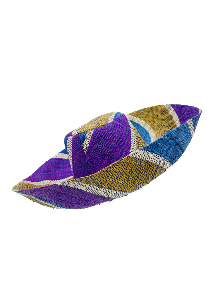 5" & 7" Wide Brim Olive and Purple Swirl Multicolor Stripes Packable Straw Sun Hat Handmade loomed raffia multi width bands of turquoise blue, olive green, purple, and natural straw color create a swirl pattern - Shebobo