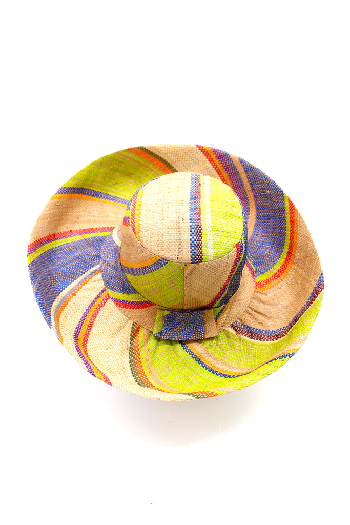 5" & 7" Wide Brim Rio Swirl Multicolor Stripes Packable Straw Sun Hat Handmade loomed raffia in multi width bands of cappuccino light brown, lime green, saffron yellow, red, purple, navy blue, natural straw color, etc. create a swirl pattern - Shebobo