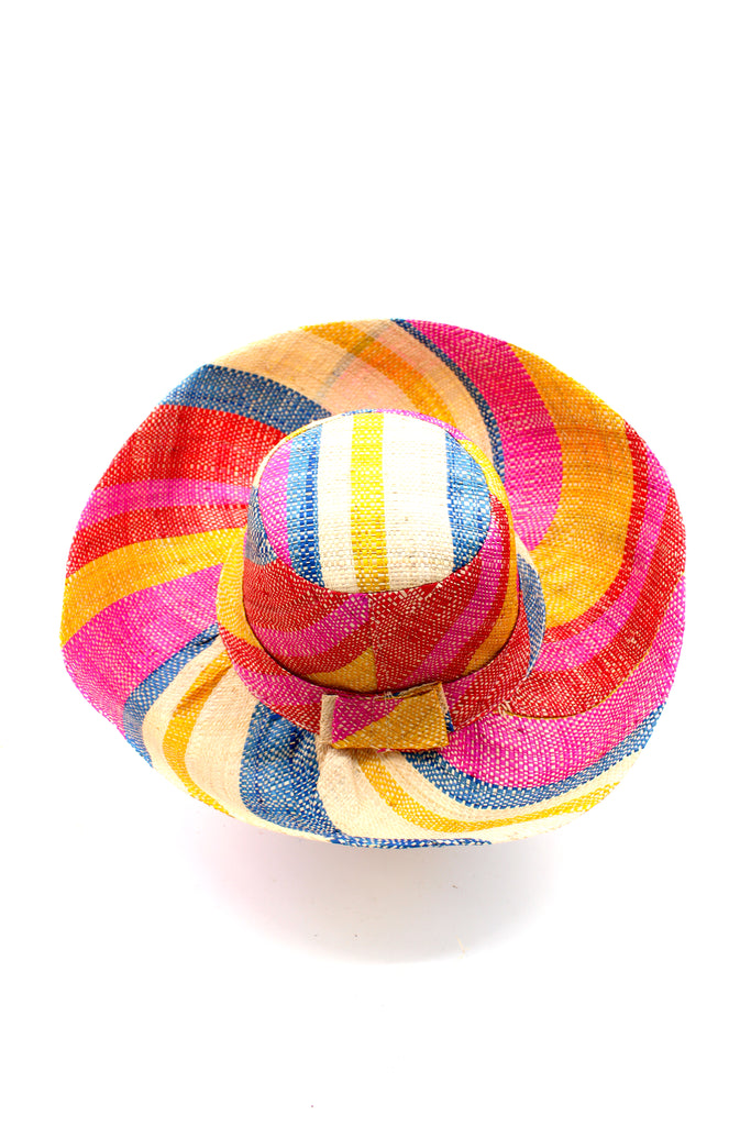 5" & 7" Wide Brim Sassafras Swirl Multicolor Stripes Packable Straw Sun Hat Handmade loomed raffia in multi width bands of fuchsia pink, red, saffron yellow, navy blue, and natural straw color create a swirl pattern - Shebobo