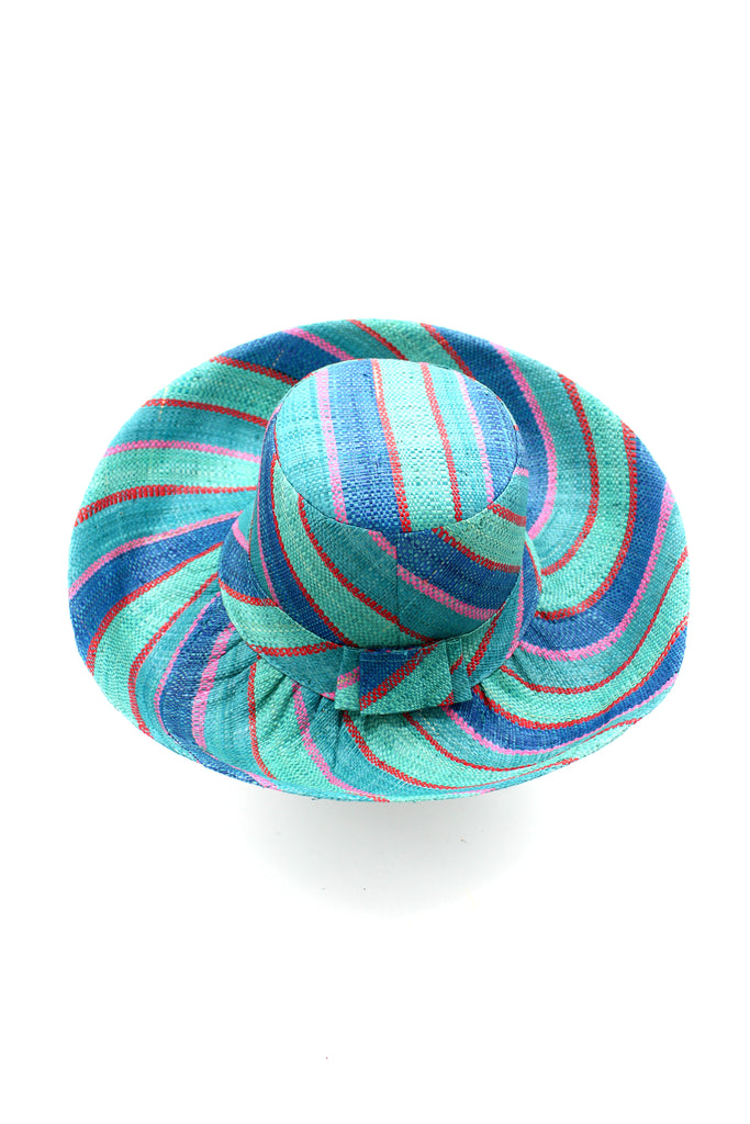 5" & 7" Wide Brim Teal Swirl Multicolor Stripes Packable Straw Sun Hat Handmade loomed raffia in multi width bands of teal blue/green, seafoam green/blue, red, and pink create a swirl pattern - Shebobo