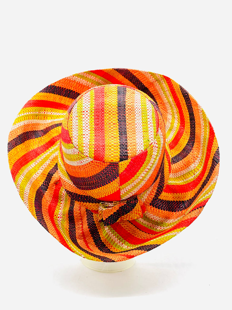 5" & 7" Wide Brim Orange Stripe Multicolor Stripes Packable Straw Sun Hat Handmade loomed raffia multi width bands of orange, yellow, red, black, lime green, and natural straw color create a swirl pattern - Shebobo