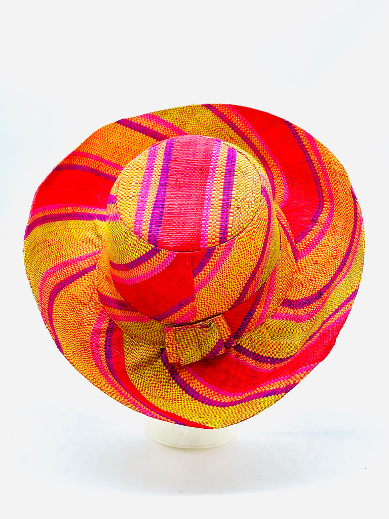 5" & 7" Wide Brim Orange & Lime Swirl Multicolor Stripes Packable Straw Sun Hat Handmade loomed raffia in multi width bands of saffron yellow, pink, orange, purple, etc. create a swirl pattern - Shebobo