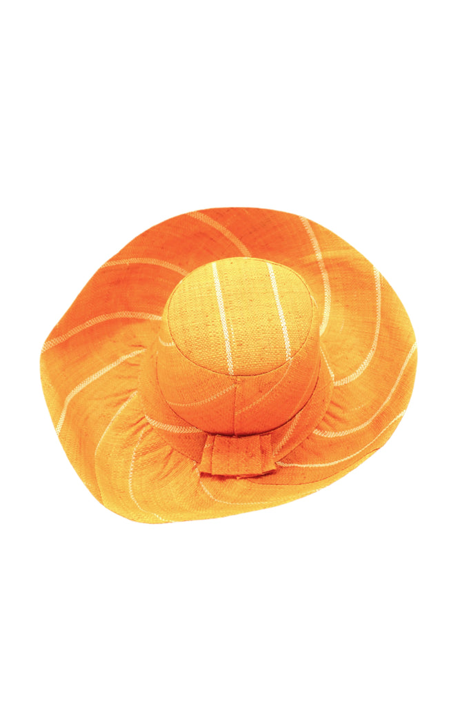 5" & 7" Wide Brim Saffron Pinstripes Packable Straw Sun Hat handmade loomed raffia in wide stripes of saffron yellow/orange with narrow stripes of natural creating a swirl pattern - Shebobo