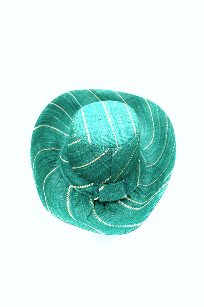 5" & 7" Wide Brim Teal Pinstripes Packable Straw Sun Hat handmade loomed raffia in wide stripes of teal dark/green/blue with narrow stripes of natural creating a swirl pattern - Shebobo