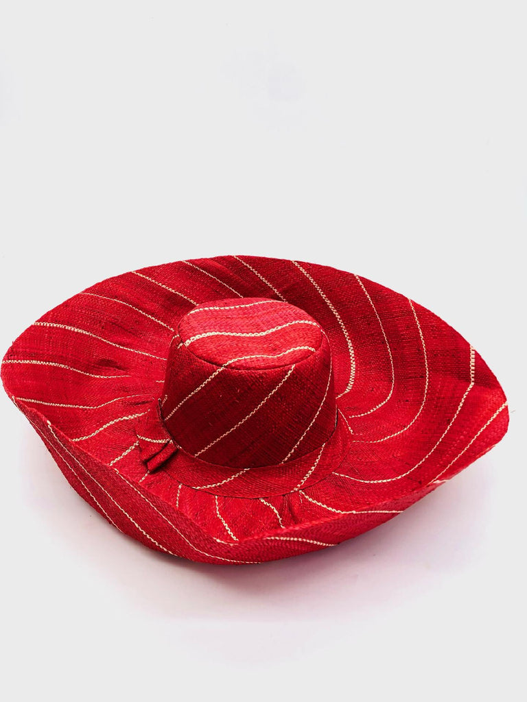5" & 7" Wide Brim Red Pinstripes Packable Straw Sun Hat handmade loomed raffia in wide stripes of red with narrow stripes of natural creating a swirl pattern - Shebobo