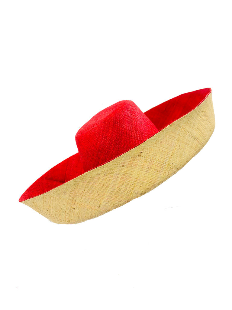 5" & 7" Brim Two Tone Red Straw Hat handmade loomed raffia color block pattern of the top half red and the bottom half natural straw color - Shebobo