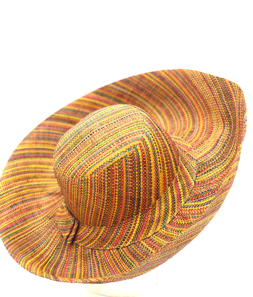 5" & 7" Wide Brim Saffron Multi Melange Packable Straw Sun Hat handmade loomed raffia heather swirl pattern of saffron yellow, orange, red, bordeaux, green, pink, blue, etc. - Shebobo