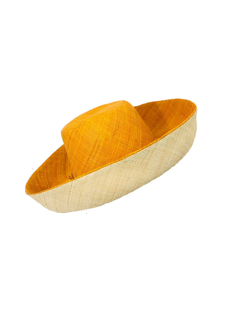 5 inch & 7 inch Brim Two Tone Saffron Straw Hat handmade loomed raffia color block pattern of the top half saffron yellow and the bottom half natural straw color - Shebobo