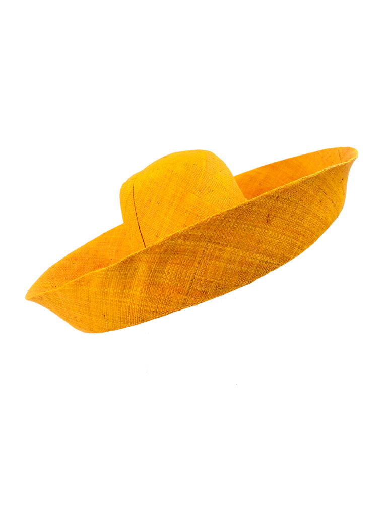 5" & 7" Wide Brim Solid Color Packable Straw Sun Hat handmade loomed raffia in a solid hue of saffron yellow - Shebobo