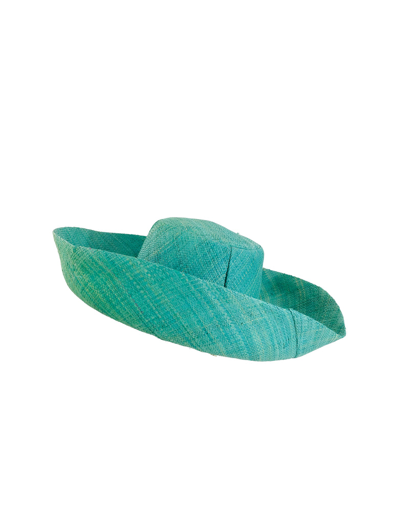 5" & 7" Wide Brim Seafoam Packable Straw Sun Hat Handmade loomed raffia in pale blue/green seafoam - Shebobo