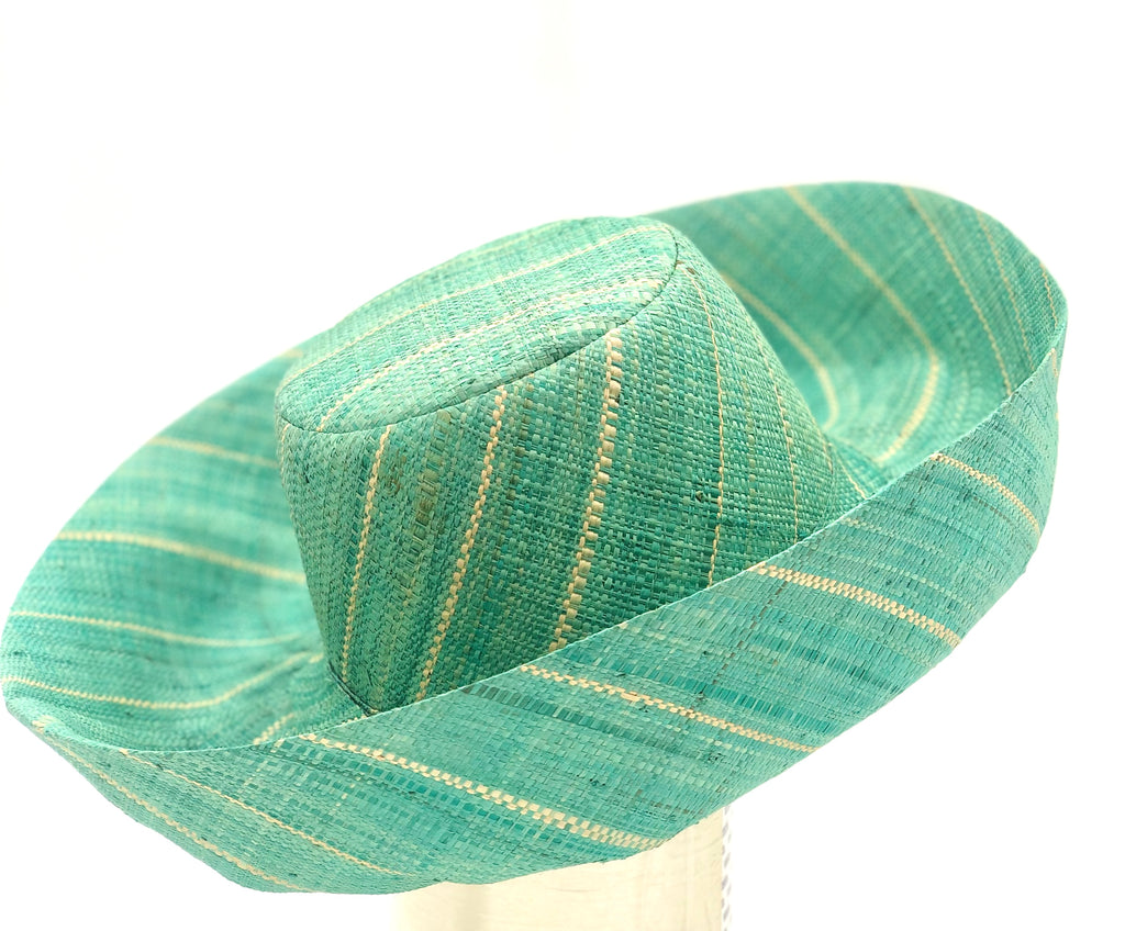 5" & 7" Wide Brim Seafoam Pinstripes Packable Straw Sun Hat handmade loomed raffia in seafoam blue/green wide stripes with narrow natural colored pinstripes running through create a swirl pattern - Shebobo