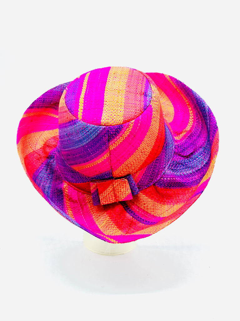 5" & 7" Wide Brim Sherbert Swirl Multicolor Stripes Packable Straw Sun Hat Handmade loomed raffia in multi width bands of saffron yellow, fuchsia pink, blue, purple, orange, red, etc. create a swirl pattern - Shebobo