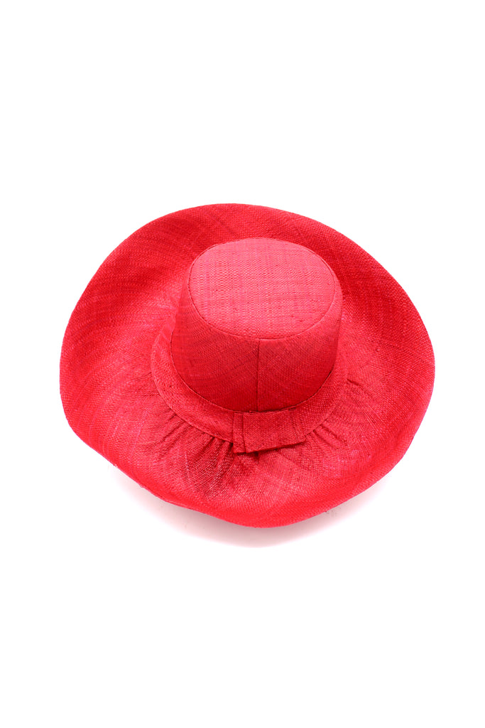 5" & 7" Wide Brim Natural Packable Straw Sun Hat handmade loomed raffia in a solid hue of red lightweight malleable flexible sun protection hat - Shebobo