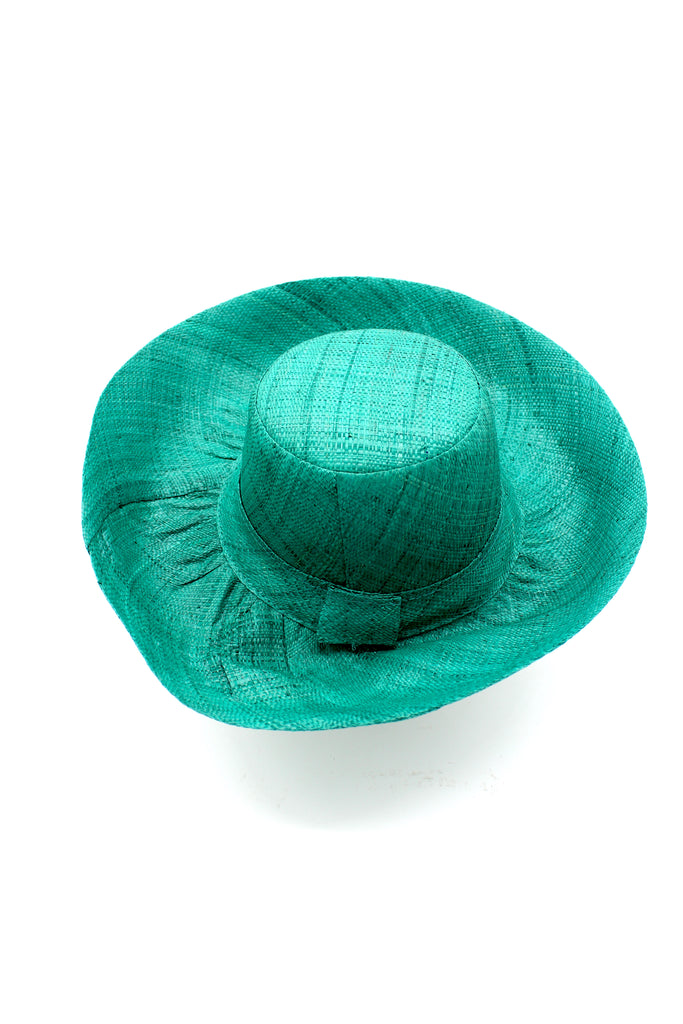 5" & 7" Wide Brim Natural Packable Straw Sun Hat handmade loomed raffia in a solid hue of teal dark/green/blue lightweight malleable flexible sun protection hat - Shebobo