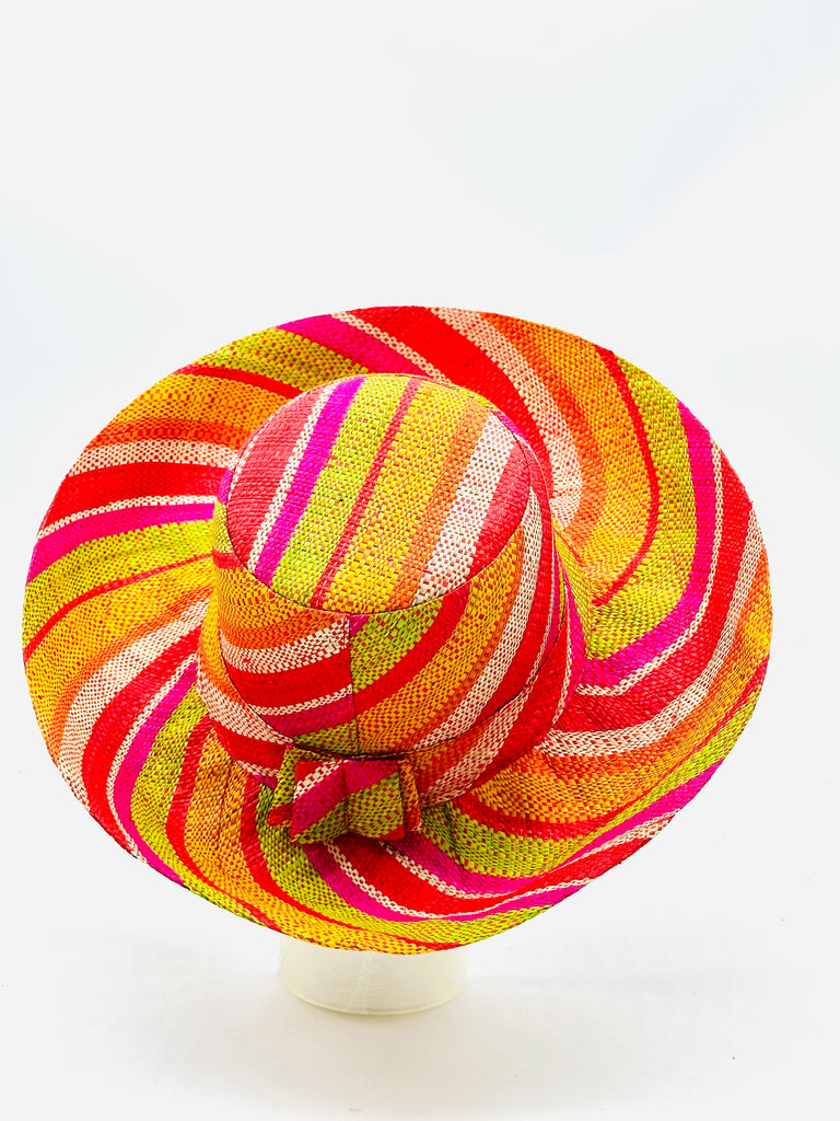 5" & 7" Wide Brim Sunrise Stripe Multicolor Stripes Packable Straw Sun Hat Handmade loomed raffia in multi width bands of saffron yellow, fuchsia pink, orange, red, lime green, and natural create a swirl pattern - Shebobo