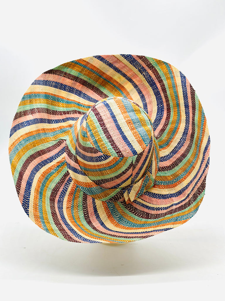 5" & 7" Wide Brim Taffy Multicolor Stripes Packable Straw Sun Hat Handmade loomed raffia in multi width bands of saffron yellow, turquoise blue, seafoam blue/green, orange, pink, bordeaux red, etc., and natural create a swirl pattern - Shebobo