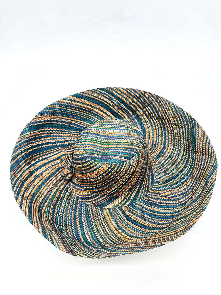 5" & 7" Wide Brim Turquoise Multi Melange Packable Straw Sun Hat handmade loomed raffia in a heathered swirl pattern of turquoise blue, orange, green, natural, yellow, etc. - Shebobo