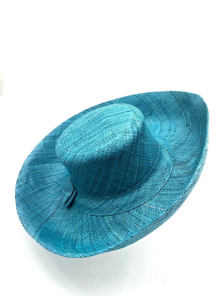 5" & 7" Wide Brim Turquoise Packable Straw Sun Hat handmade loomed raffia in a solid tone of turquoise blue - Shebobo