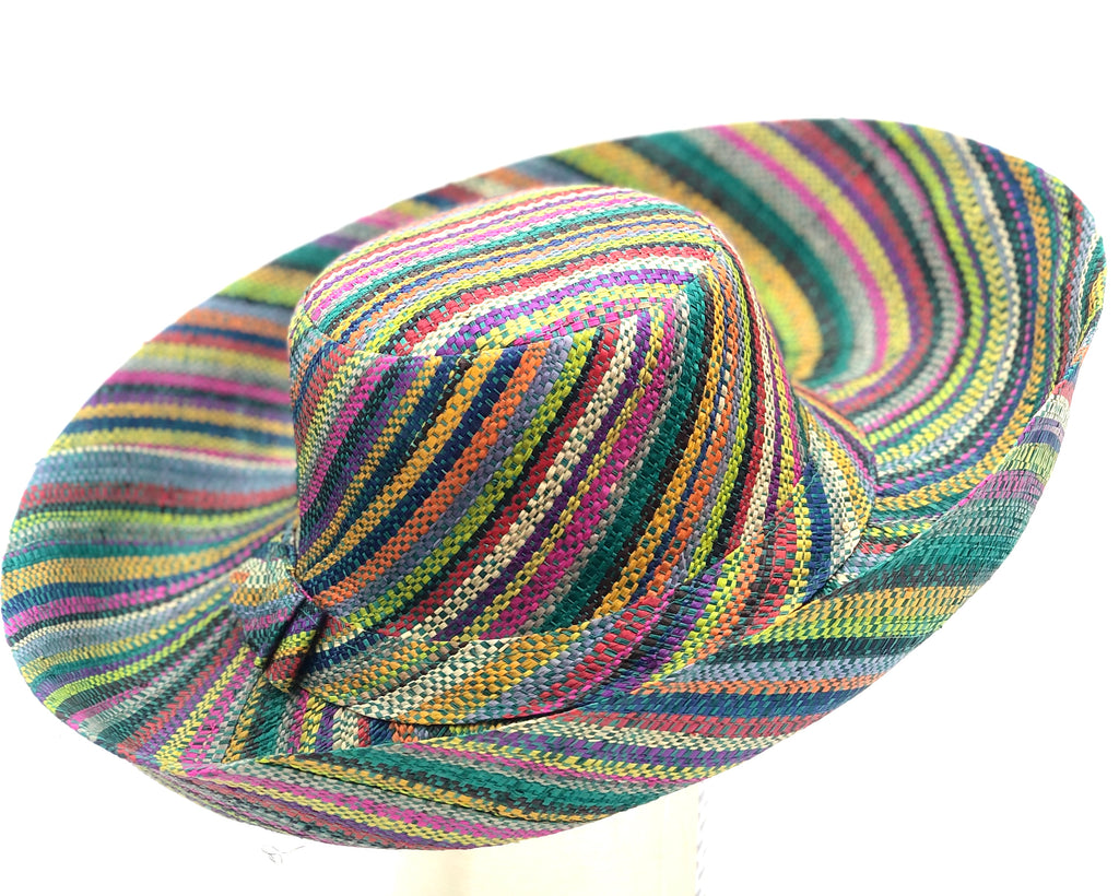 5" & 7" Wide Brim Turquoise Stripes Multicolor Packable Straw Sun Hat Handmade loomed raffia in bands of natural, black, purple, yellow, orange, turquoise, grey, red, pink, and brown create a swirl pattern - Shebobo