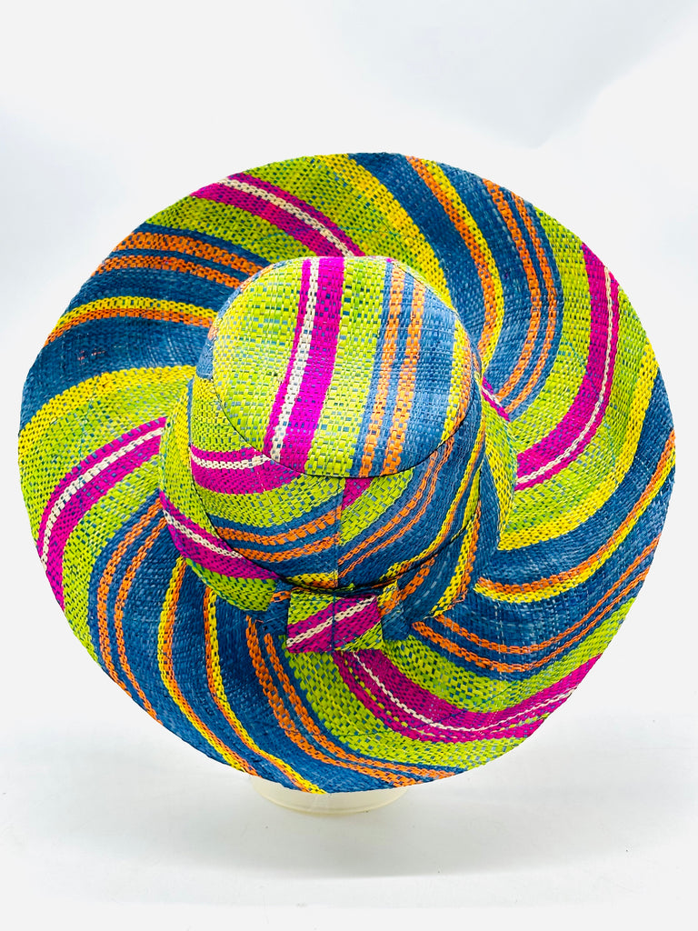 5" & 7" Wide Brim Turquoise and Lime Multicolor Stripes Packable Straw Sun Hat Handmade loomed raffia multi width bands of turquoise blue, lime green, fuchsia pink, orange, yellow, and natural straw color create a swirl pattern - Shebobo