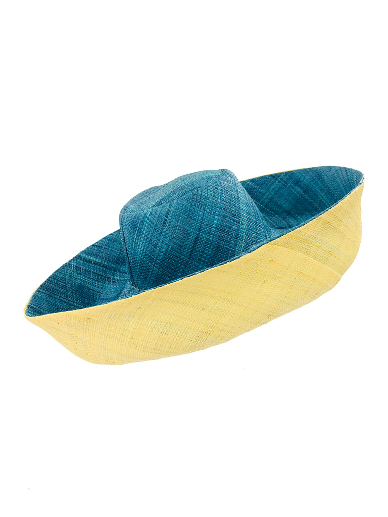 5 inch or 7 inch wide brim two tone turquoise blue and natural packable raffia straw hat handmade loomed raffia with a solid hue of turquoise blue on the top half, and natural straw color on the bottom half - Shebobo