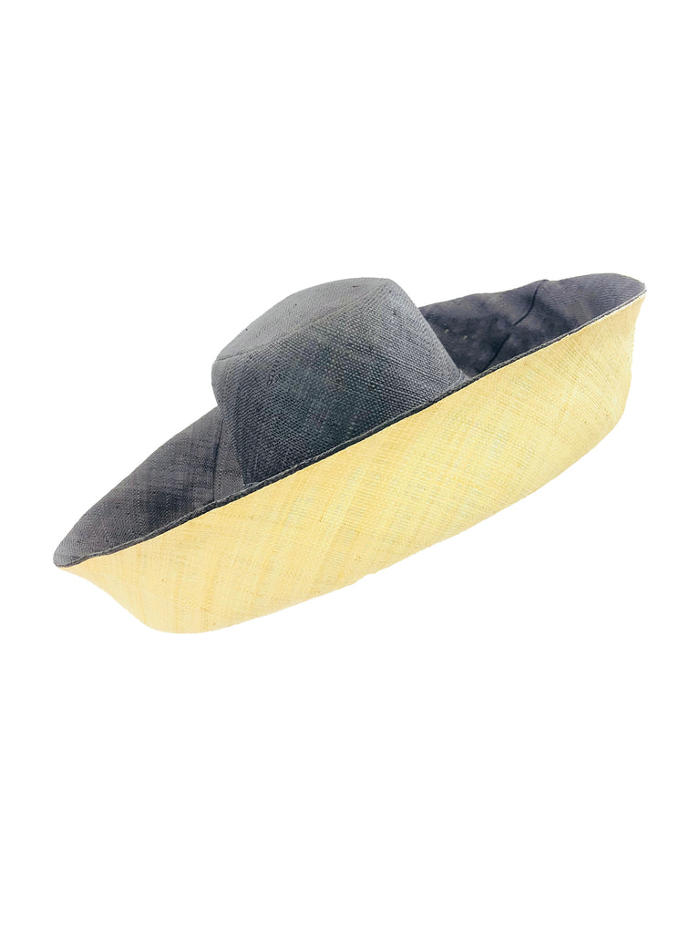 5" & 7" Wide Brim Two Tone Black Packable Straw Sun Hat handmade loomed raffia color block pattern of the top half black and the bottom half natural straw color - Shebobo