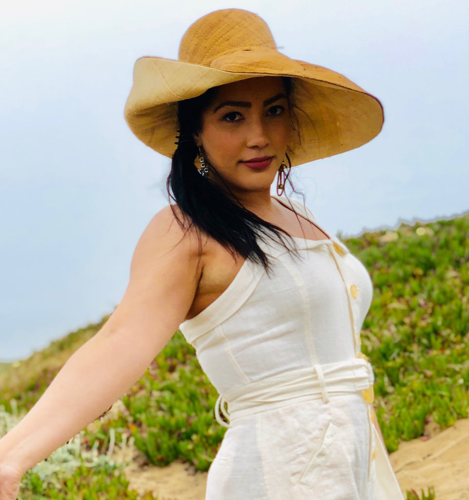 Model wearing 5" & 7" Brim Two Tone Cinnamon Straw Hat handmade loomed raffia color block pattern of the top half cinnamon/tobacco/brown and the bottom half natural straw color - Shebobo