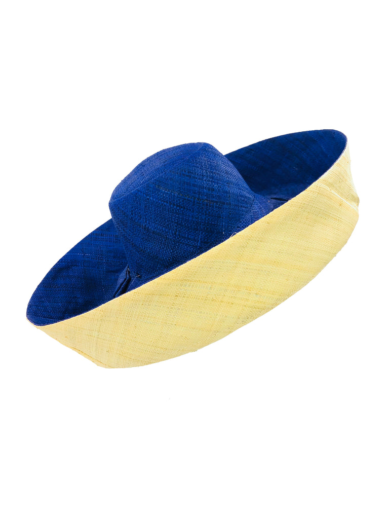 5" & 7" Brim Two Tone Blue Straw Hat handmade loomed raffia color block pattern of the top half navy blue and the bottom half natural straw color - Shebobo