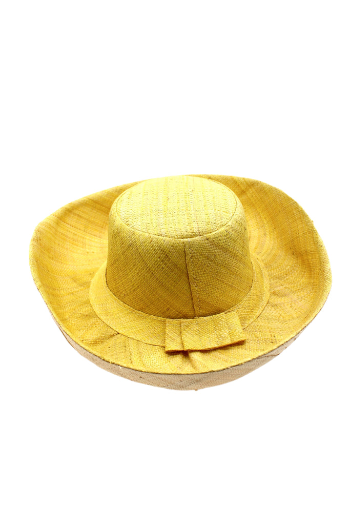 5" & 7" Brim Two Tone Butter Straw Hat handmade loomed raffia color block pattern of the top half butter/light yellow and the bottom half natural straw color - Shebobo