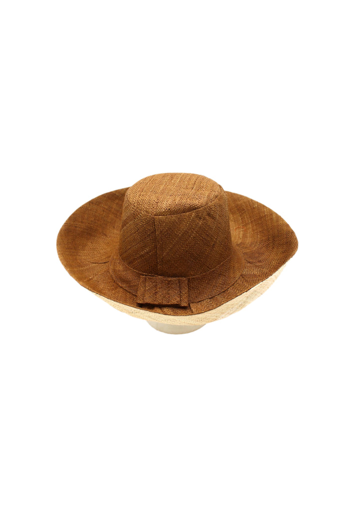 5" & 7" Brim Two Tone Cinnamon Straw Hat handmade loomed raffia color block pattern of the top half cinnamon/tobacco/brown and the bottom half natural straw color - Shebobo