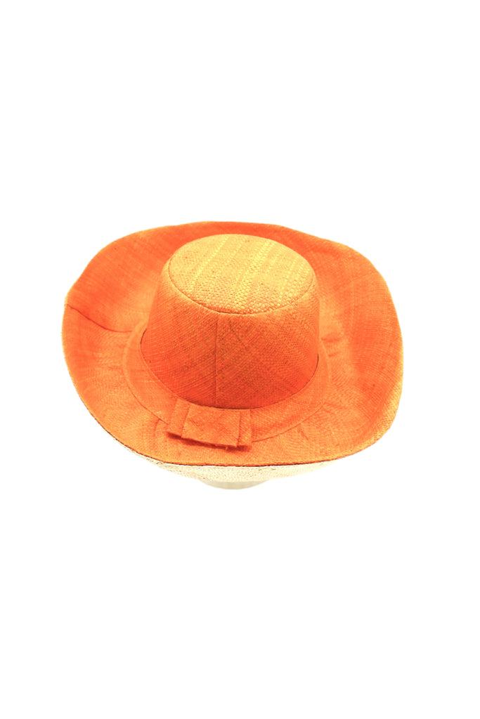 5" & 7" Brim Two Tone Saffron Straw Hat handmade loomed raffia color block pattern of the top half saffron orange/yellow and the bottom half natural straw color - Shebobo