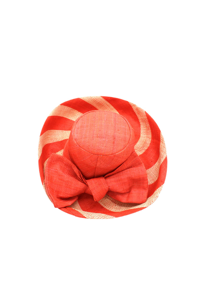 5" & 7" Wide Brim Coral Two Tone Wide Stripe Straw Sun Hats with Big Bow handmade loomed raffia palm fiber in a solid hue of Coral orange/red on the crown and matching oversized big bow embellishment hat band, with two tone even width wide stripe pattern of coral and natural straw color that creates a swirl patterned brim - Shebobo
