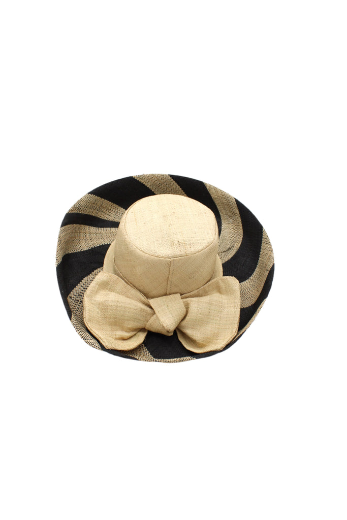 5" & 7" Wide Brim Natural Two Tone Wide Stripe Straw Sun Hats with Big Bow handmade loomed raffia palm fiber in a solid hue of Natural on the crown and matching oversized big bow embellishment hat band, with two tone even width wide stripe pattern of black and natural straw color that creates a swirl patterned brim - Shebobo