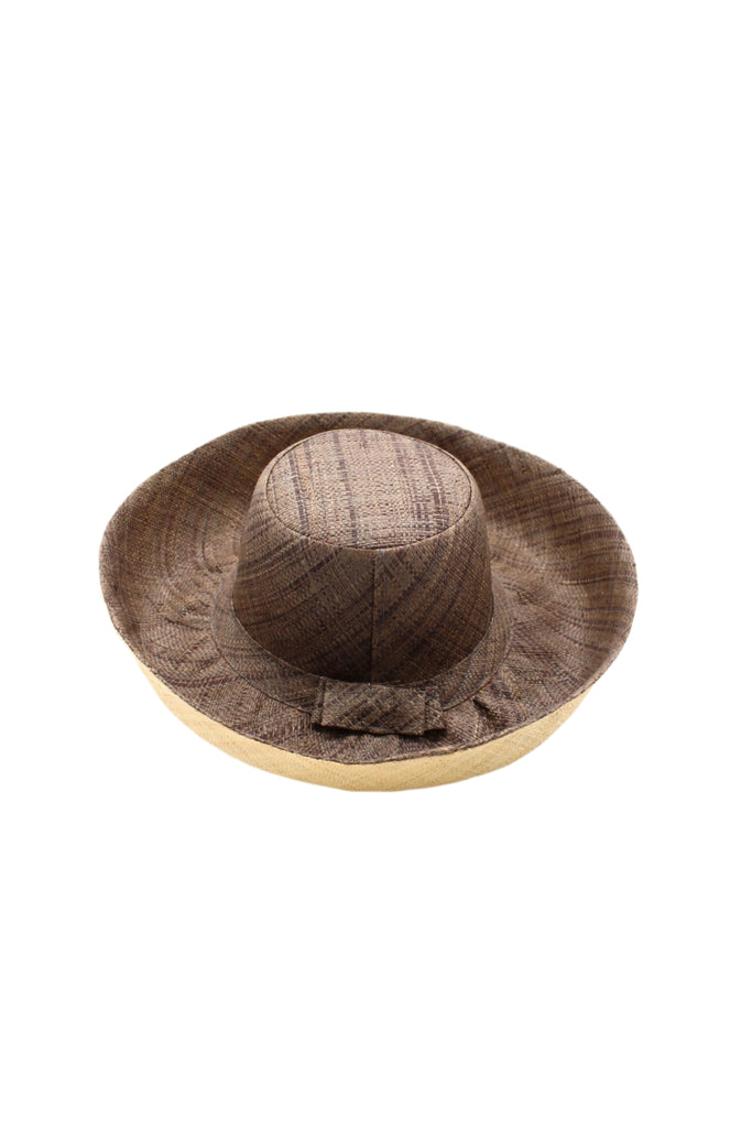 5" & 7" Wide Brim Two Tone Grey Packable Straw Sun Hat handmade loomed raffia in a color block of the top half of the hat in grey and the bottom half natural straw color - Shebobo