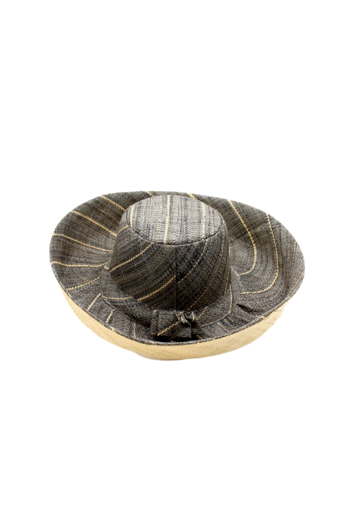 5" & 7" Wide Brim Two Tone Grey Pinstripes Packable Straw Sun Hat handmade loomed raffia color block pattern with the top half wide bands of grey with narrow bands of natural straw color creating a pinstripe swirl and the bottom half natural straw color - Shebobo