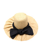 5" Brim Fan Straw Sun Hat with Big Black bow and matching hatband on handmade natural loomed raffia pleated wide brim hat - Shebobo