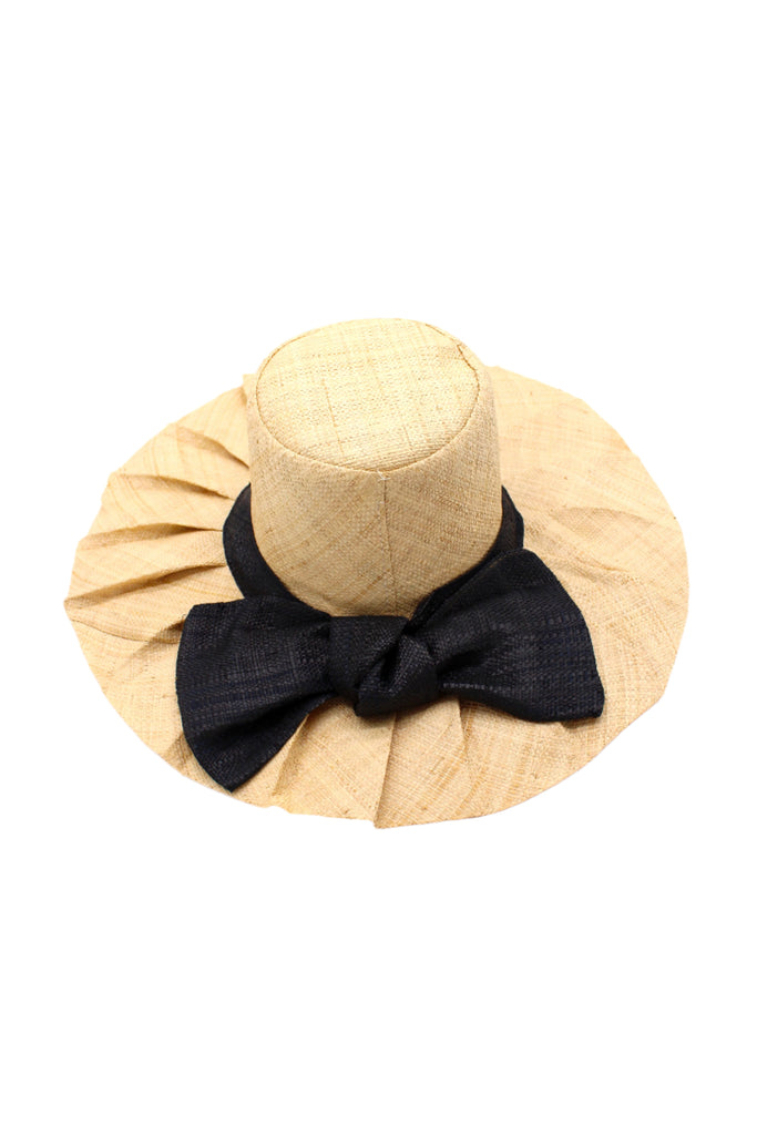 5" Brim Fan Straw Sun Hat with Big Black bow and matching hatband on handmade natural loomed raffia pleated wide brim hat - Shebobo