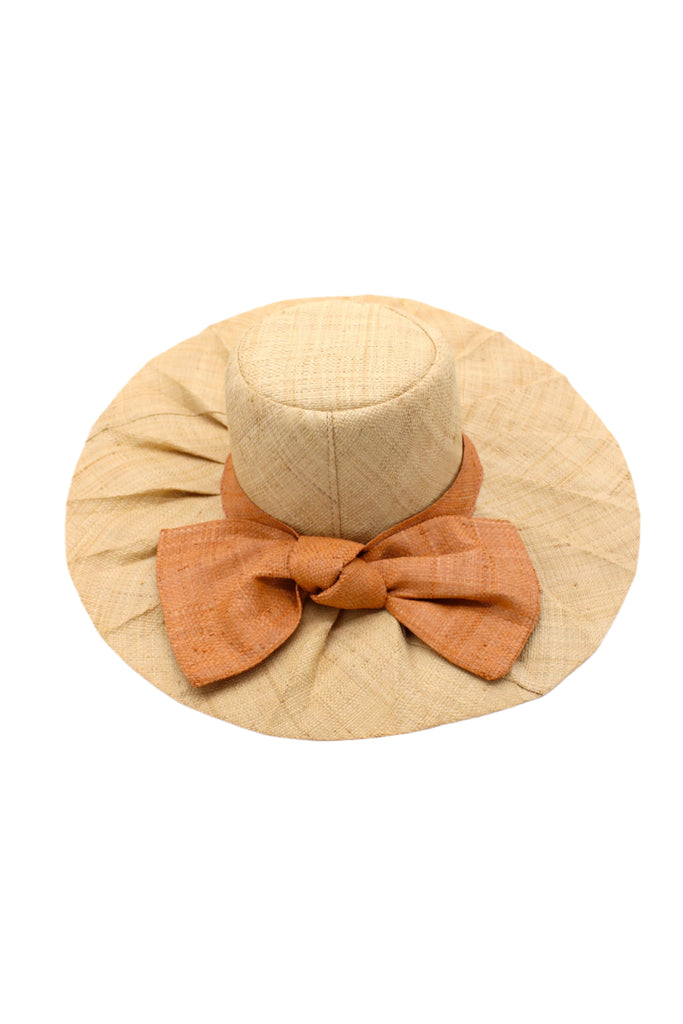 5" Brim Fan Straw Sun Hat with Big Blush orange/pink bow and matching hatband on handmade natural loomed raffia pleated wide brim hat - Shebobo